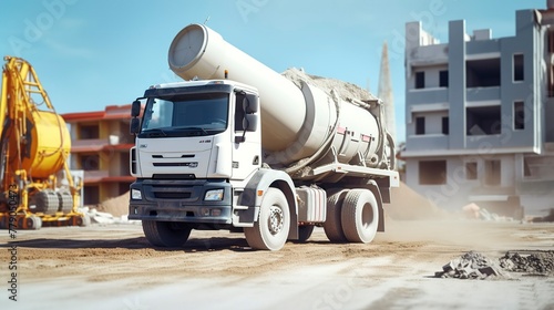 A photo of a construction site with a concrete mixer
