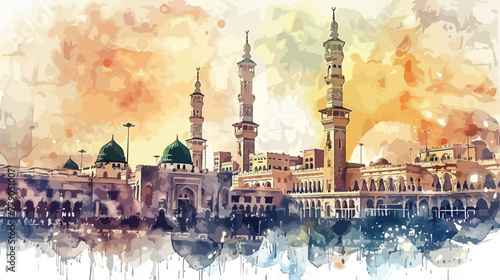 Watercolor sketch of Mecca in vector 2d flat cartoo