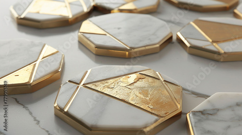 A set of gold marble coasters, each with a unique geometric gold inlay pattern that interrupts the natural marble. 32k, full ultra HD, high resolution