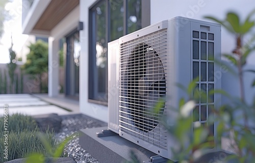 Contemporary air conditioning unit outside on a concrete slab for HVAC purposes.