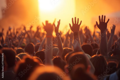 People joyfully raising hands at concert under the sky. Generative AI