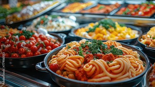 Italian food buffet in hotel restaurant. Generative AI.