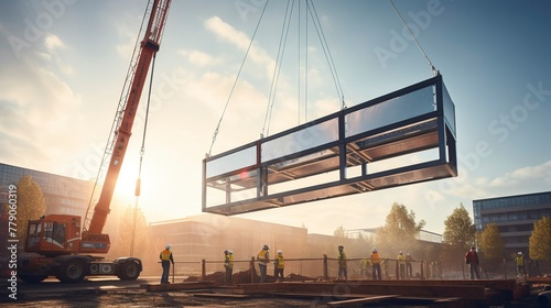 A photo of a crane lifting a pre-fabricated structure