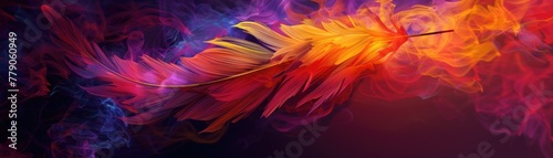 A phoenix feather, burning brightly yet not consumed, in the dark of night, depicted in a vibrant, expressionist style, 3D illustration