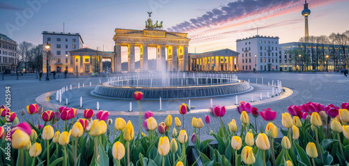 Berlin city, view of the illuminated Brandenburg Gate at Pariser Platz created with Generative AI technology