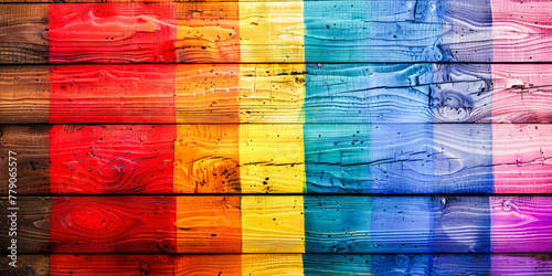 A wooden texture background painted with the colors of the rainbow flag, symbolizing LGBTQ+ pride and diversity.