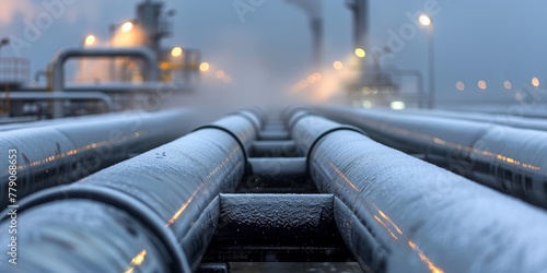 The steam pipes are surrounded by haze. Concept: materials on heat power engineering, heating systems, pipelines and engineering, industrial equipment and maintenance.