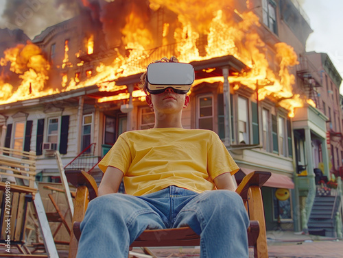 Giovane millennial immerso nella realtà virtuale , indossa un casco vr in uno scenario di devastazione urbana, immerso nella realtà virtuale non vede la guerra in corso 