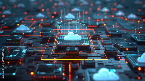 A futuristic 3D visualization of a mobile cloud computing environment, with smartphones and tablets tethered to a central cloud