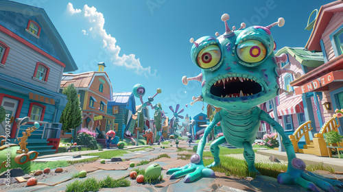 A vibrant 3D cartoon of a tiny alien invasion in a backyard, facing off against action figures and toy defenses
