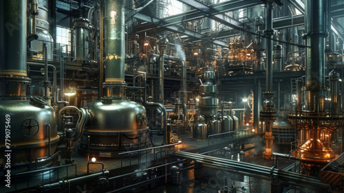 A bustling chemical plant with distillation columns and reaction vessels, momentarily quiet but ready to produce a wide range of chemical compounds