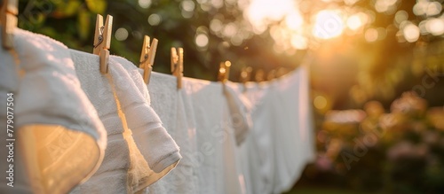 A straight line of white towels neatly hung on a clothesline outdoors.