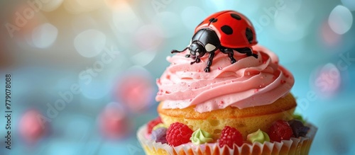 A cupcake topped with a ladybug figurine sitting on top of it.
