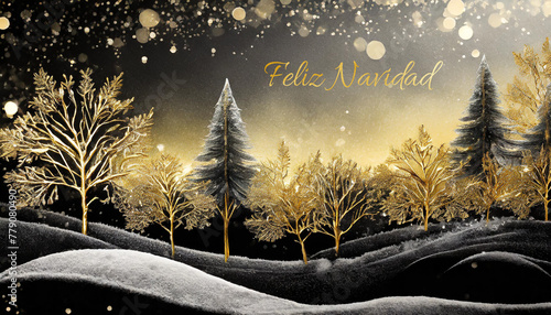 tarjeta o pancarta para desear una Feliz Navidad en oro representada por una colina en blanco y negro y abetos dorados y negros sobre un fondo negro y dorado con círculos dorados en efecto bokeh