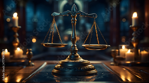 scale of justice,Scales of Justice in the dark Court Hall Law concept of Judiciary Jurisprudence and Justice Copy space Generative AI illustrator,Justice and equality symbolized by legal scales on des