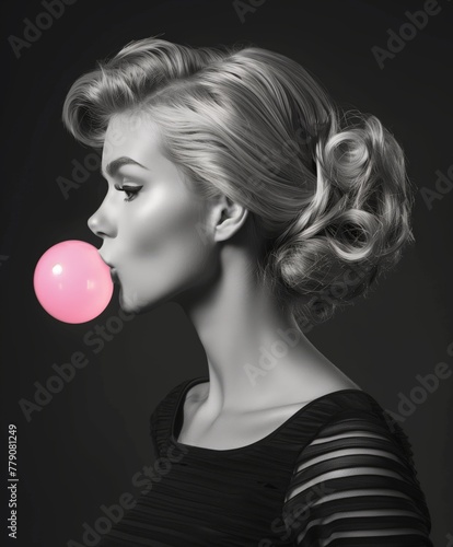En un mundo monocromo, el juguetón momento de un chicle rosa de una mujer destaca con un toque caprichoso, su peinado retro enmarca un perfil que es a la vez clásico y atrevido.