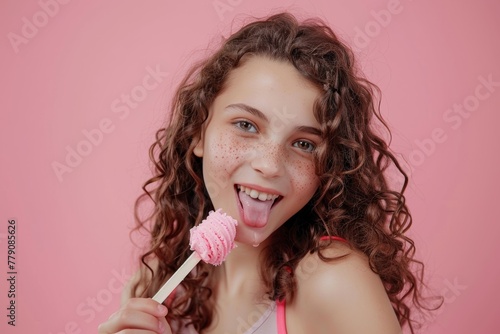 Curly-haired girl with pink lollipop against vibrant pink background, smiling joyfully