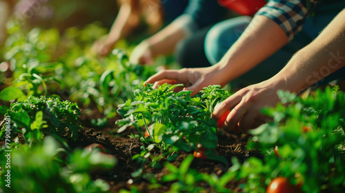Volunteers tend to a community garden, cultivating a variety of plants, underscoring the importance of sustainable living and green initiatives in voluntourism.