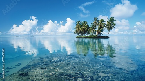 Palm fringed motu in the blue lagoon, rangiroa atoll, tuamotus, french polynesia, south pacific, pacific