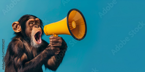 cute chimpanzee monkey holds a yellow loudspeaker business management concept attract attention. aggressive marketing isolated with blue background