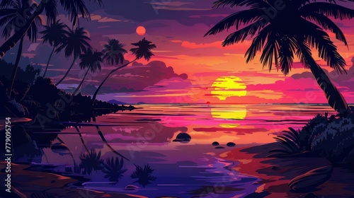 Sunset at a coastline with palm trees, water reflection
