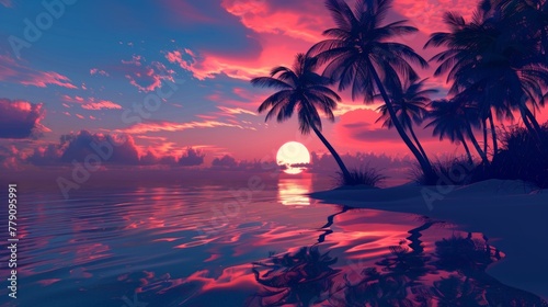 Sunset at a coastline with palm trees, water reflection 