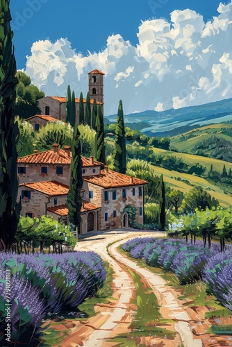 Tuscan Hills Winery I oil paint illustration