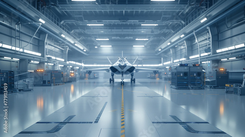 A high-tech aerospace manufacturing facility with assembly lines and precision tools, momentarily silent but ready to build cutting-edge aircraft