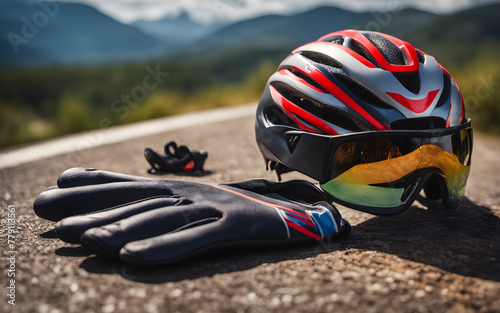A cycling helmet and gloves, symbolizing speed and endurance, with a defocused mountainous road in the background