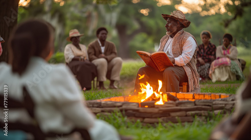 Elderly Storyteller Recounting Tales by Campfire to Attentive Audience at Dusk