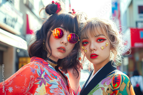 Fashionable Japanese girls posing in Harajuku, Tokyo, in striking and eclectic outfits mixing traditional Japanese elements with modern street style against an out-of-focus street background