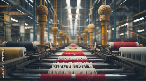 A modern textile factory with rows of looms and spinning machines, momentarily quiet but ready to produce fabrics of various colors and patterns