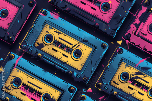 Illustration of retro cassette recorder 90s pattern, concept vintage, nostalgia background