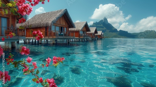 A Glimpse of Paradise: Overwater Bungalows Amidst Natures Beauty.