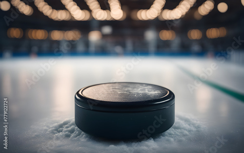 A hockey puck on ice, symbolizing strategy and precision, with a defocused ice hockey rink in the background