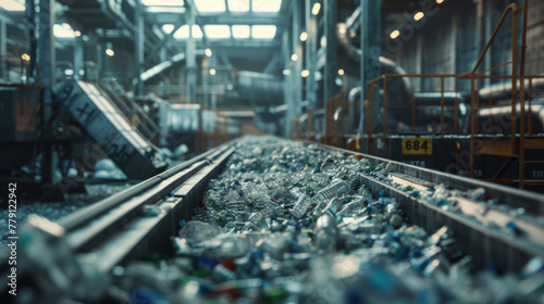 A modern plastic recycling plant with sorting machines and shredders, momentarily paused but ready to recycle plastic waste into reusable materials