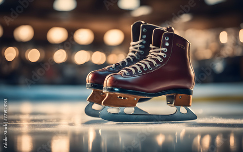 A pair of figure skates on ice, symbolizing elegance and skill, with a defocused ice skating rink in the background
