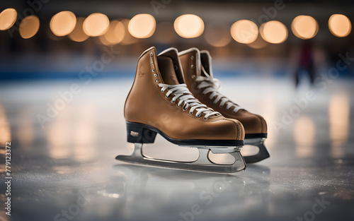 A pair of figure skates on ice, symbolizing elegance and skill, with a defocused ice skating rink in the background