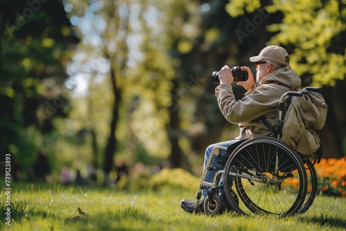Elderly man in a wheelchair taking photographs in summer park. Disabled person without the ability to move independently. Concept inclusivity, art therapy.