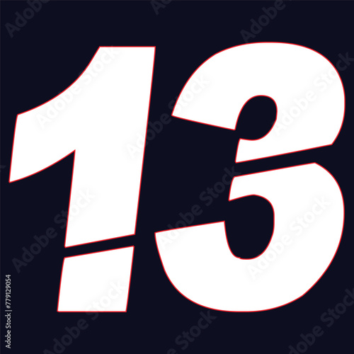 13 Classic Vintage Sport Jersey / Uniform numbers in black with a black outside contour line number on white background for American football, Baseball and Basketball or soccer for shirt