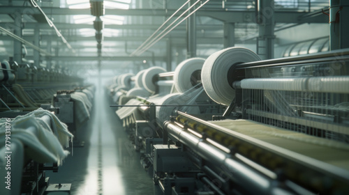A modern textile weaving mill with weaving machines and yarns, momentarily still but ready to produce fabrics with intricate patterns and textures