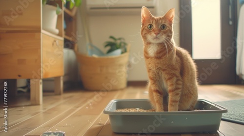 A cat sitting in a litter box. Suitable for pet care concepts