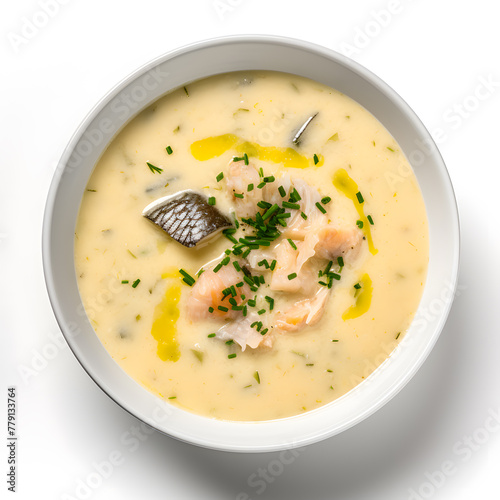 Scottish soup made with smoked haddock, potatoes, and onions, served in soup bowl top view, isolated on a white background