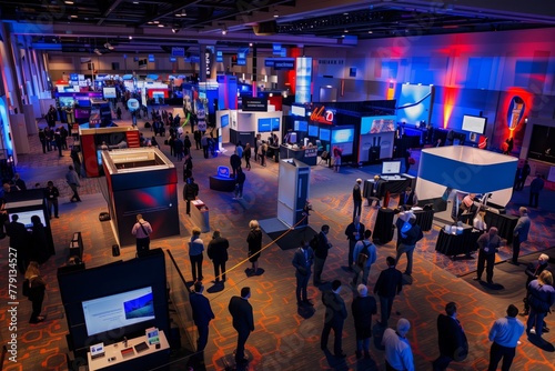 The exhibition area of a B2B conference, with vendor booths, displays, and product demonstrations