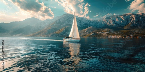 A sailboat peacefully sailing on a lake with majestic mountains in the background. Perfect for travel and adventure concepts