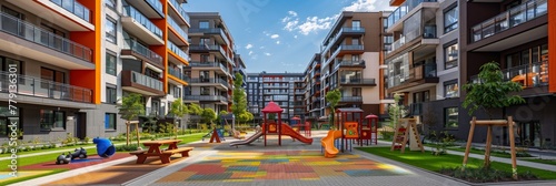 A vibrant and colorful childrens play area in an apartment complex, filled with slides, swings, climbing structures, and kids playing joyfully