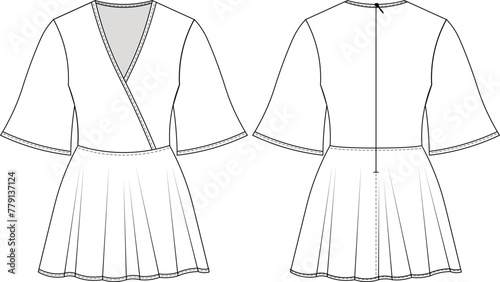 v neck kimono bell sleeve half short 3/4 sleeve zippered mini a line dress flared template technical drawing flat sketch cad mockup fashion woman design style model 