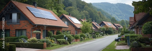 A picturesque scene of multiple houses lined up in a neat row, each boasting solar panels on their roofs to harness the power of the sun
