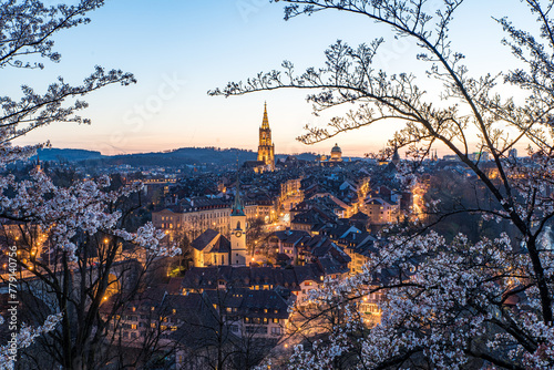 Series - City of Bern at sunset, long time exposire, view from Rosengarten with cherry blossoms in the foreground