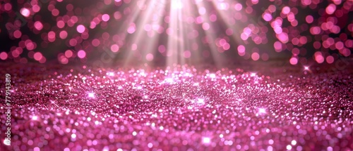  A bright pink glitter background with a radiant light beam emanating from its center, and a focused spotlight originating there